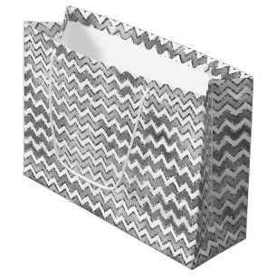 Grand Sac Cadeau Glam Silver White Zigzag Stripes