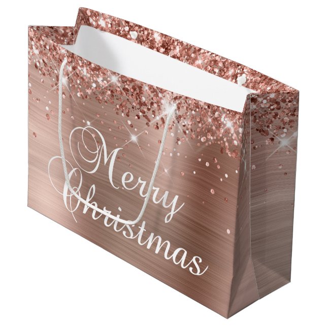 Grand Sac Cadeau Glitter Rose Gold Foil Fancy Joyeux Noël (Devant Angle)