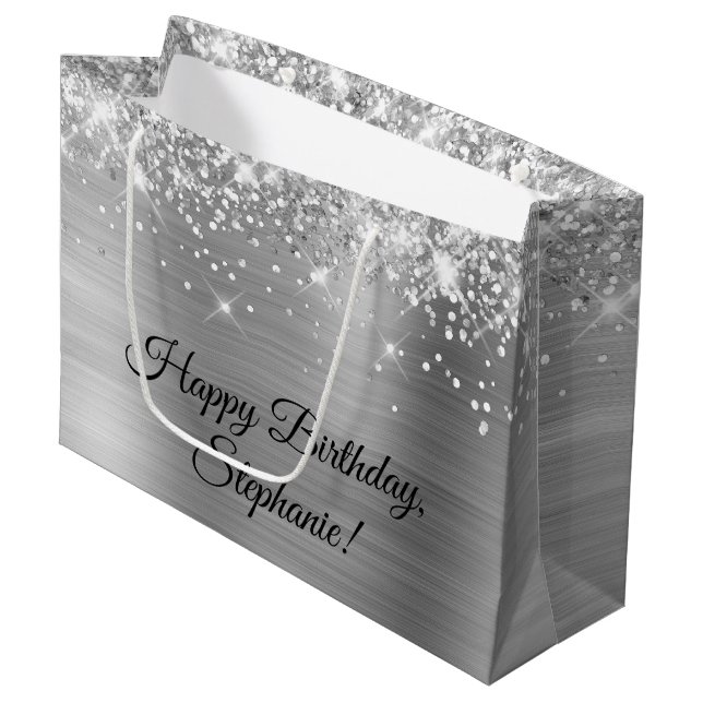 Grand Sac Cadeau Glittery Argent Personnalisé Joyeux Anniversaire (Devant Angle)