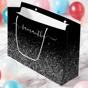 Grand Sac Cadeau Glittery Black Elegant Signature Nom de lavage