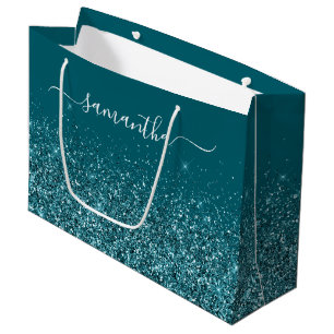 Grand Sac Cadeau Glittery Dark Turquoise Élégant Nom de signature
