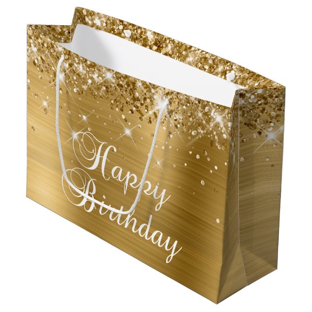 Grand Sac Cadeau Glittery Gold Foil Fancy Joyeux anniversaire (Devant Angle)