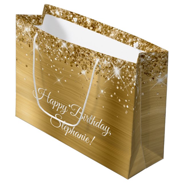 Grand Sac Cadeau Glittery Gold Personnalisé Joyeux Anniversaire (Devant Angle)