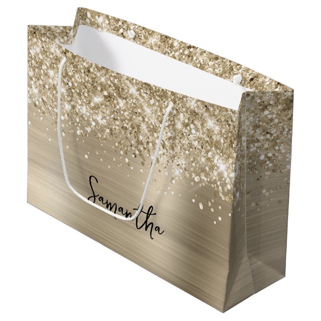 Grand Sac Cadeau Glittery Pale Gold Glam Name (Devant Angle)