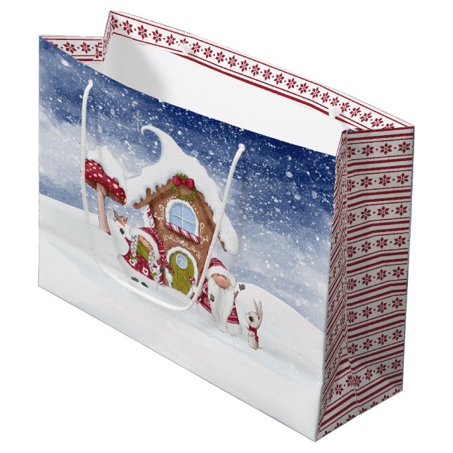 Grand Sac Cadeau Gnome rouge et blanc pour les fêtes (Devant Angle)