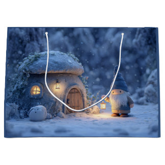 Grand Sac Cadeau Gnome with a Lantern Outside a Snowy Stone Hut