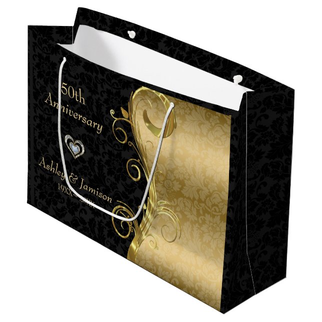 Grand Sac Cadeau Gold Et Black Damask (Devant Angle)