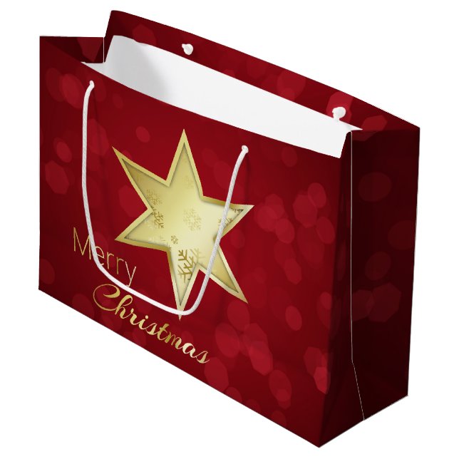 Grand Sac Cadeau Golden Christmas Star Red Bokeh (Devant Angle)