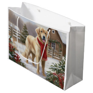 Grand Sac Cadeau Golden Retriever Dog in Snow Christmas
