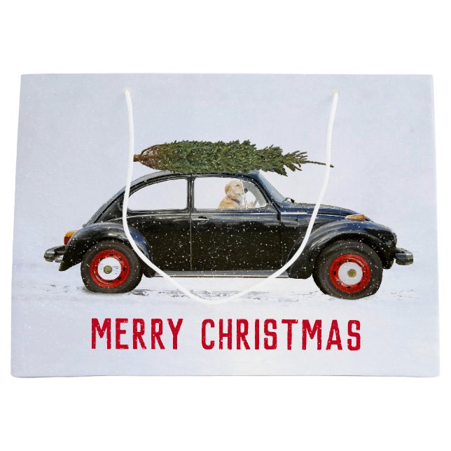 Grand Sac Cadeau Golden Retriever en voiture avec sapin de Noël Gra (Devant)