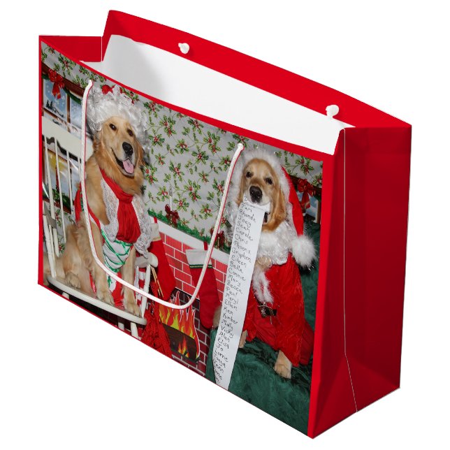 Grand Sac Cadeau Golden retriever Père Noël et Mme Claus (Devant Angle)