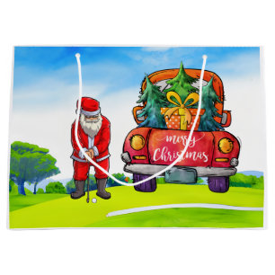 Grand Sac Cadeau Golf Noël Santa Claus avec camion rouge sur vert