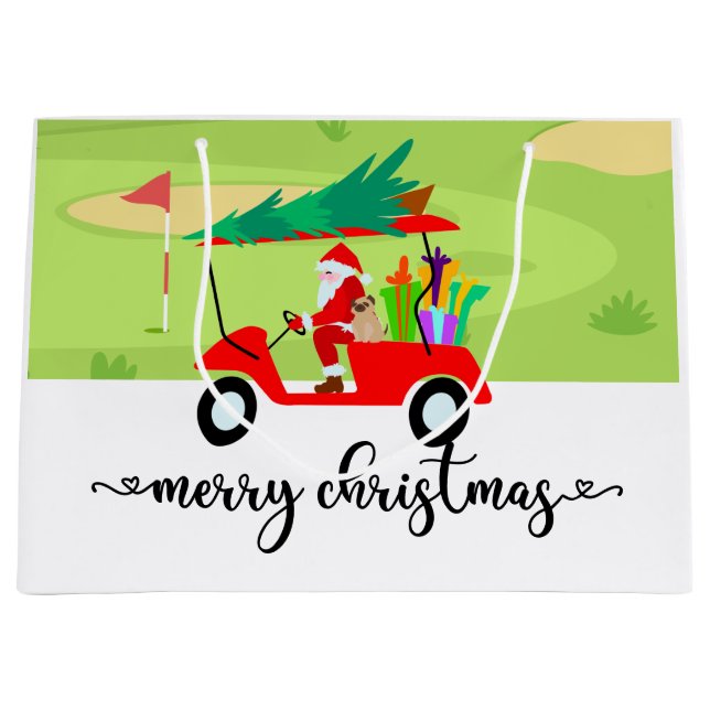 Grand Sac Cadeau Golf Santa Claus en voiturette rouge sapin de Noël (Devant)