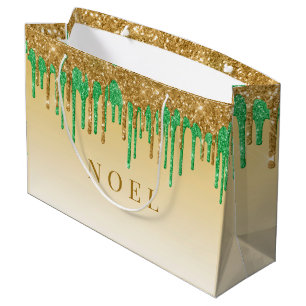 Grand Sac Cadeau gouttes de parties scintillant verte et or