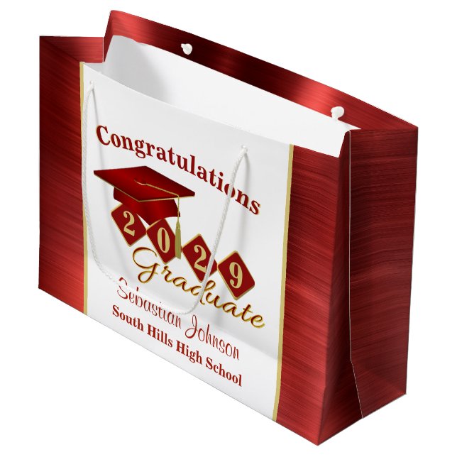 Grand Sac Cadeau Graduation personnalisée Rouge et Or (Devant Angle)