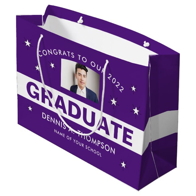 Grand Sac Cadeau Graduation violette et blanche Photo personnalisée (Dos Angle)