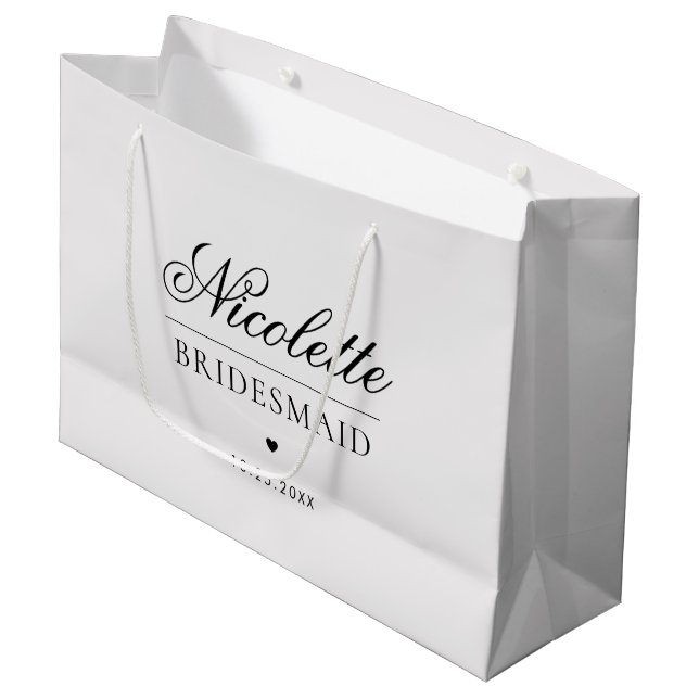 Grand Sac Cadeau Gray Custom Bridesmaid Nom Elegant Heart Mariage (Devant Angle)