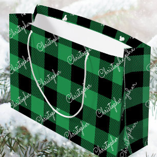 Grand Sac Cadeau Green Buffalo Plaid Custom Name Rustique Noël