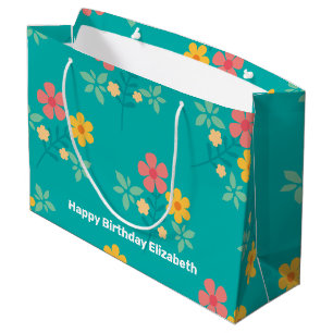 Grand Sac Cadeau Green Daisy Bouquet Vintage Motif Customisé
