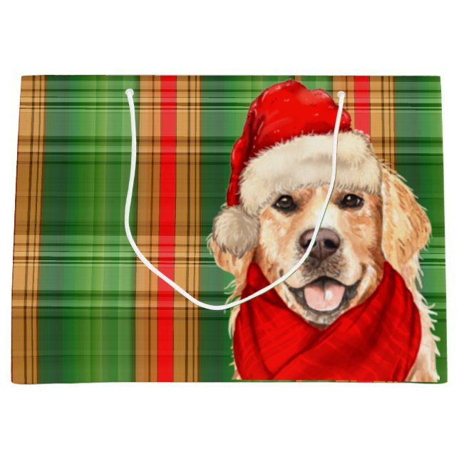 Grand Sac Cadeau Green Plaid et Golden Retriever Amoureux des chien (Devant)