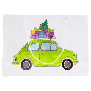 Grand Sac Cadeau Green Retro Fiat 500 avec Aquarelle Cadeaux