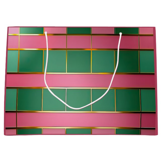 Grand Sac Cadeau Grille de couleurs moderne et élégante rose et ver (Devant)