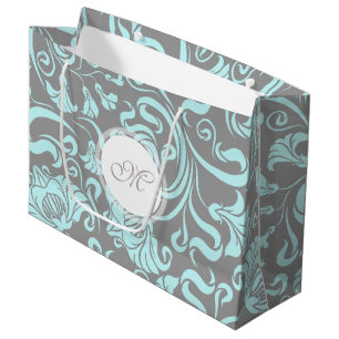 Grand Sac Cadeau Gris bleu Vintage motif floral Monogramme L Cadeau