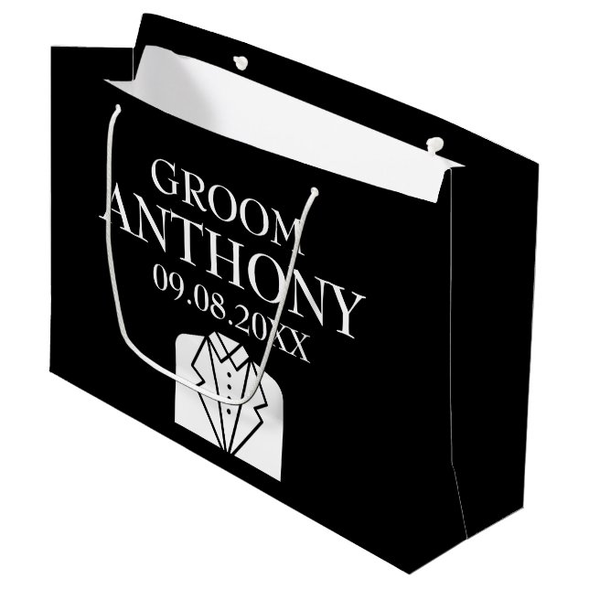 Grand Sac Cadeau Groom Black Elegant Nom moderne Cadeaux Mariage La (Devant Angle)