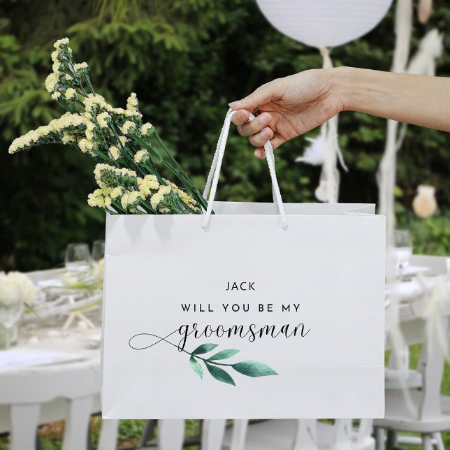 Grand Sac Cadeau Groomsman de calligraphie Feuille verte (Créateur téléchargé)