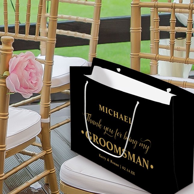 Grand Sac Cadeau Groomsman personnalisé Merci noir et or (Black and Gold Wedding Thank You Gift Bag for Groomsman)
