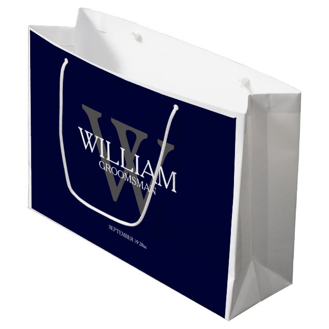 Grand Sac Cadeau Groomsmen Personnalisé Moderne Minimal Marine Bleu (Devant Angle)