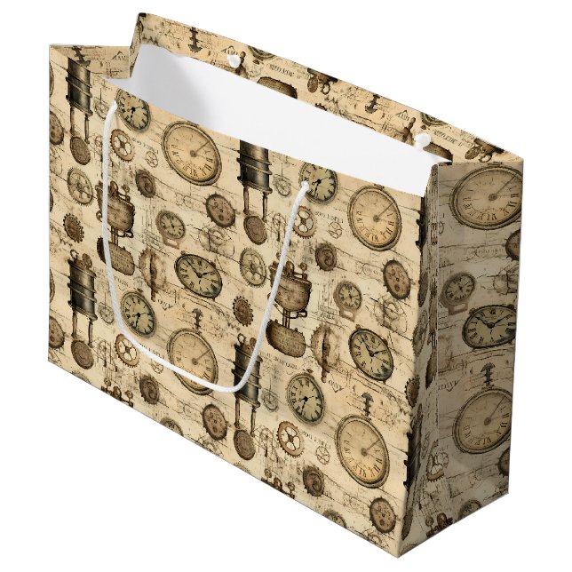 Grand Sac Cadeau Grunge Rustic Steampunk Horloge (14) (Devant Angle)