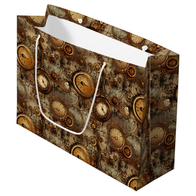 Grand Sac Cadeau Grunge Rustic Steampunk Horloge (3) (Devant Angle)
