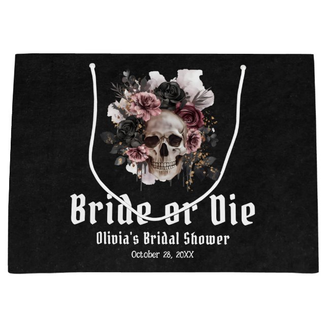 Grand Sac Cadeau Halloween Fleur Skull Mariée ou Mourir Enterrement (Devant)