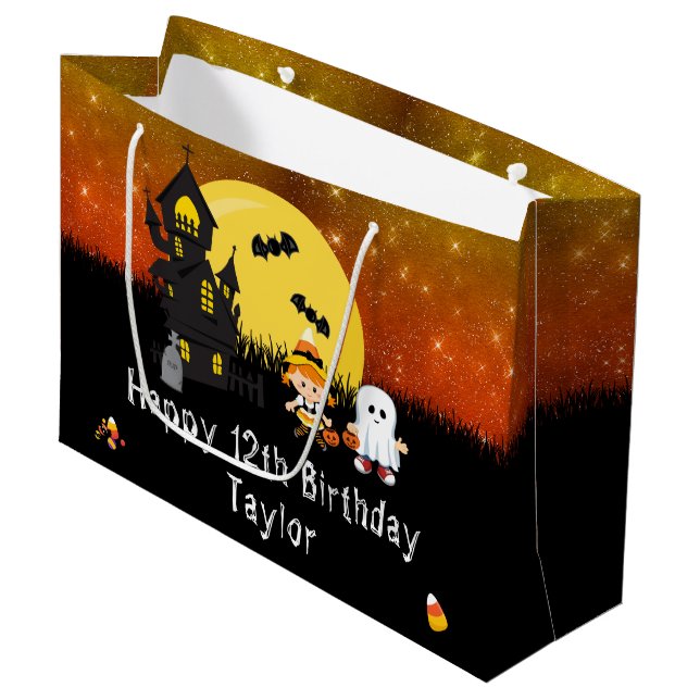 Grand Sac Cadeau Halloween Joyeux Anniversaire sorcier fantôme Oran (Devant Angle)