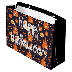 Grand Sac Cadeau Halloween Maison Éffrayante chauves-souris arbres 
