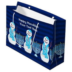Grand Sac Cadeau Hanoukka Snowman Juif Menorah Bleu Pour Enfants