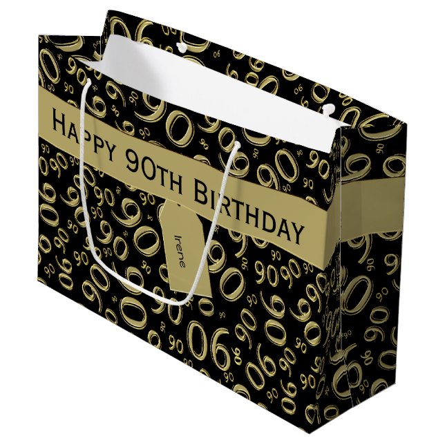 Grand Sac Cadeau Happy 90th Random Number Motif Gold/Black (Devant Angle)