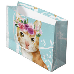Grand Sac Cadeau Happy Animal avec Fleurs en Blue Forest-Cat Kitty