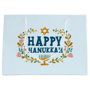 Grand Sac Cadeau HAPPY HANOUKKA fleurie couronne juive FÊTE PERSONN