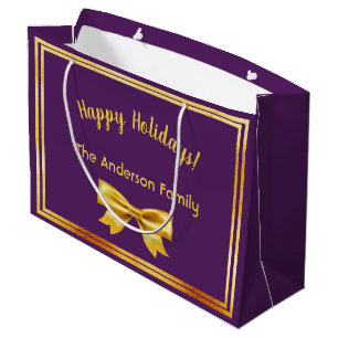 Grand Sac Cadeau Happy Holidays violet or nom arc