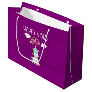 Grand Sac Cadeau Happy Vibes Typographie Awesome Rainbow & Unicorn