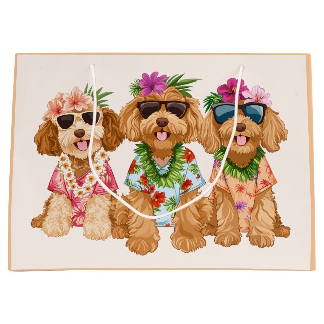 Grand Sac Cadeau Hawaiian Goldendoodle Dogs Flower Lei (Devant)