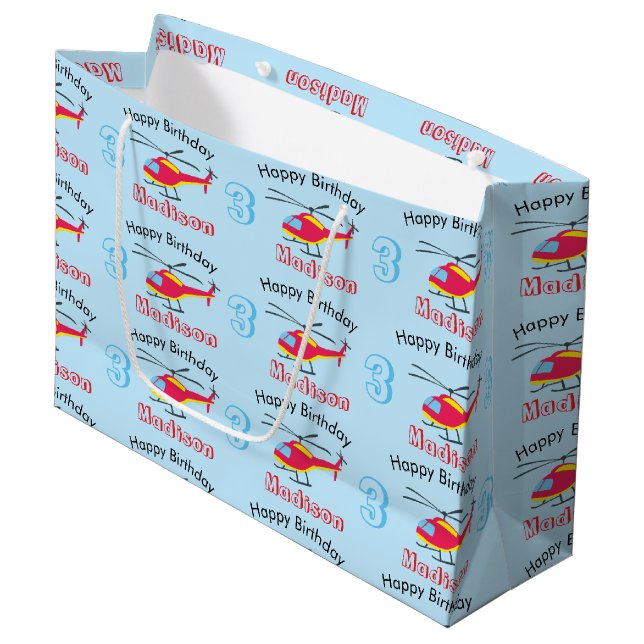 Grand Sac Cadeau Hélicoptère volant mignon Anniversaire Nom et âge (Devant Angle)
