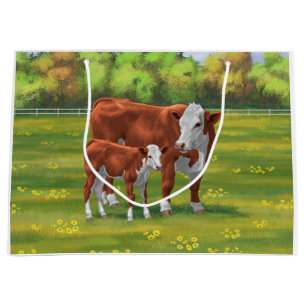Grand Sac Cadeau Hereford Cow & Cute Calf dans les pâturages d'été
