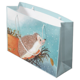 Grand Sac Cadeau Hérisson et premiers flocons de neige