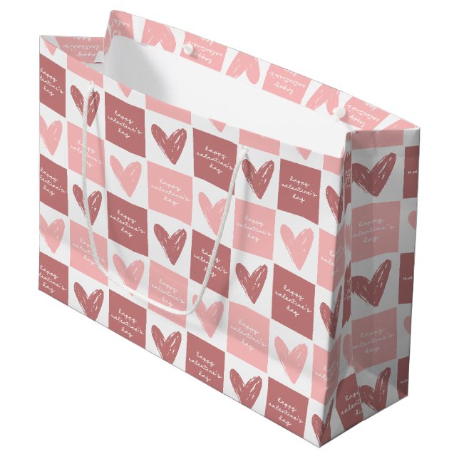 Grand Sac Cadeau Heureuse Sainte-Valentin mignon Coeurs roses Motif (Devant Angle)