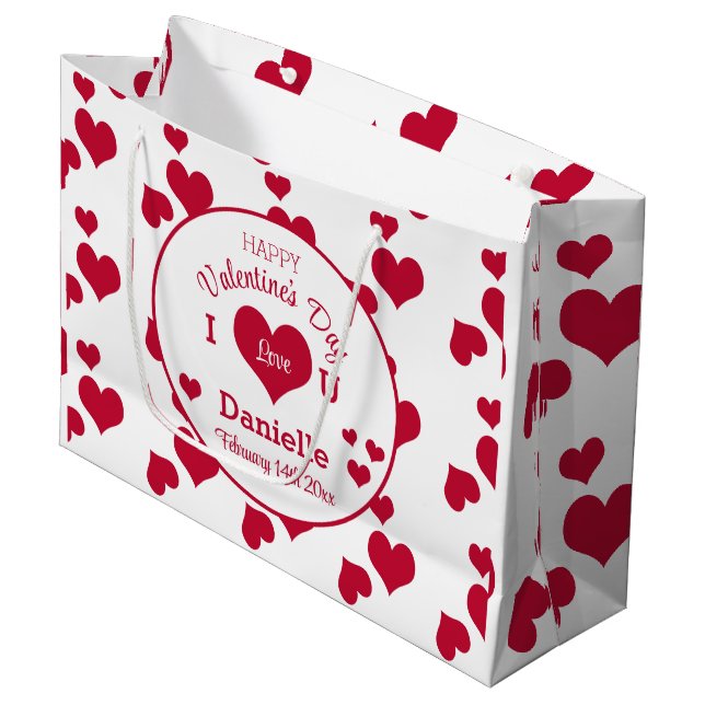 Grand Sac Cadeau Heureuse Sainte-Valentin personnalisé Coeurs blanc (Devant Angle)