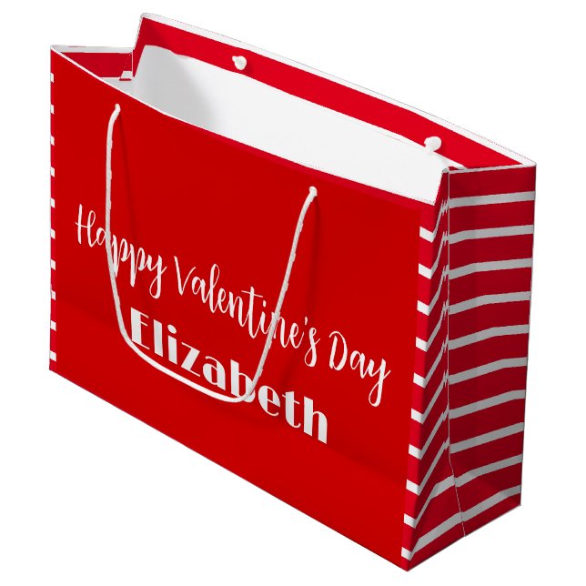 Grand Sac Cadeau Heureuse Sainte-Valentin Red and White Stripes Nom (Devant Angle)