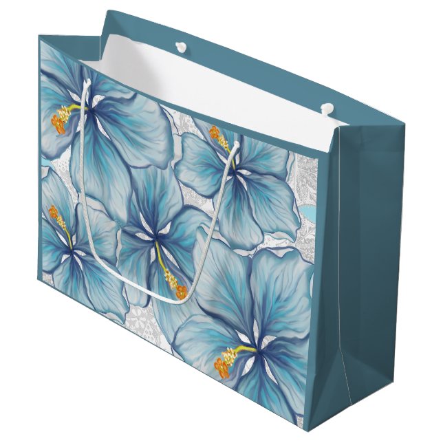 Grand Sac Cadeau Hibiscus & dentelle TURQUOISE (Devant Angle)